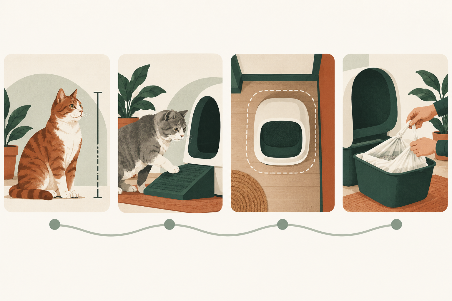 Four illustrated factors for choosing an automatic litter box: cat size, entry access, floor space, and waste-bin maintenance