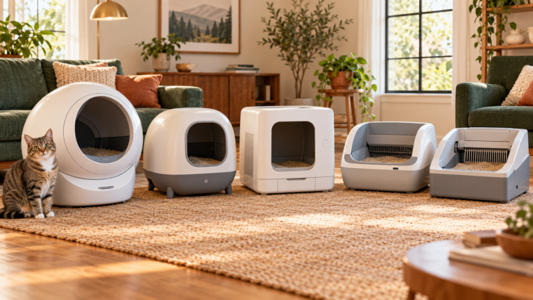 Five automatic litter box designs compared in a warm pet-friendly home