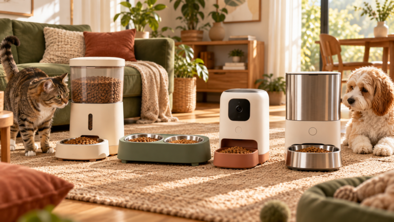 Four smart automatic pet feeder designs with a cat and small dog in a warm home