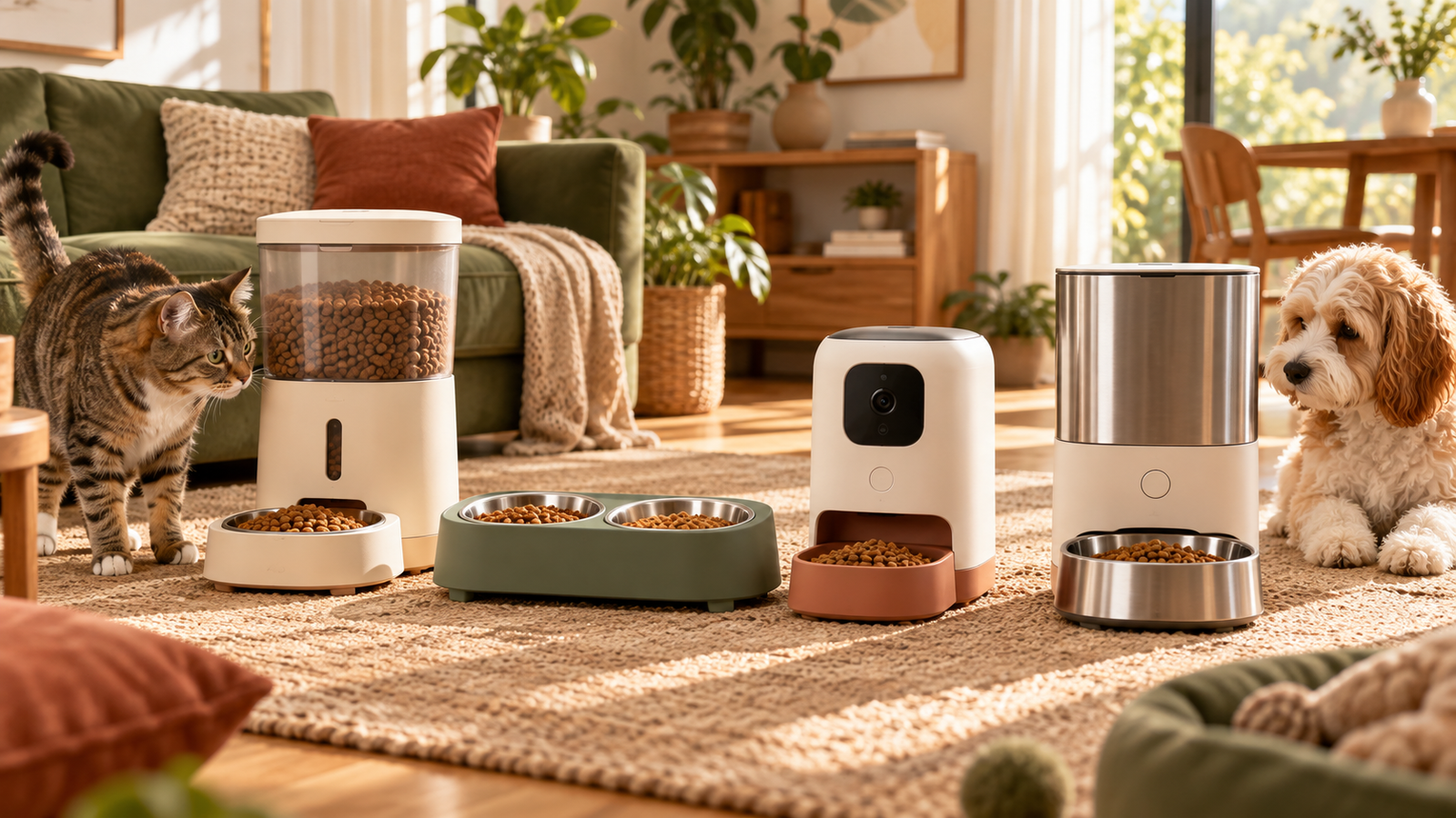 Warm Fupaw editorial illustration of four automatic pet feeder styles with a cat and a small dog in a home