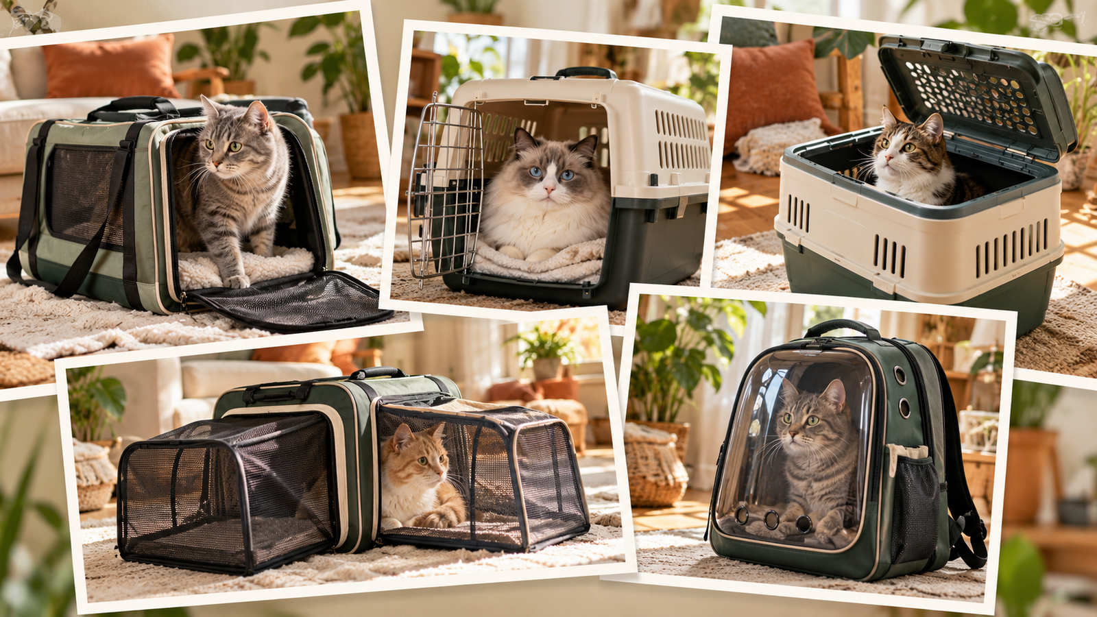 Warm Fupaw editorial collage of five cat carrier styles for travel