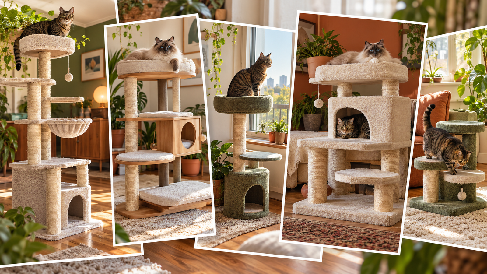 Warm Fupaw editorial collage of five cat tree styles in a sunlit home, with a Ragdoll and tabby cats