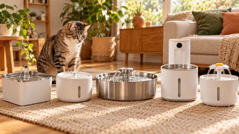 Five cat water fountain designs compared in a warm pet-friendly home