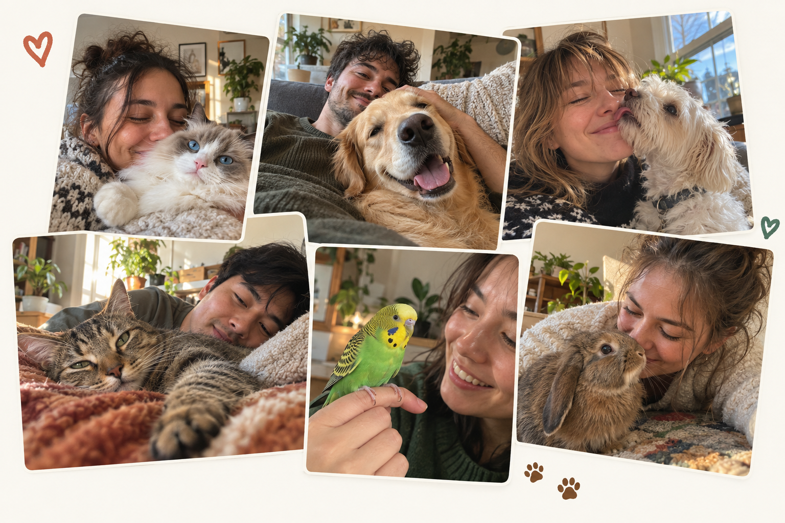 Pet parents sharing everyday moments with a Ragdoll cat, dogs, a bird, and a rabbit
