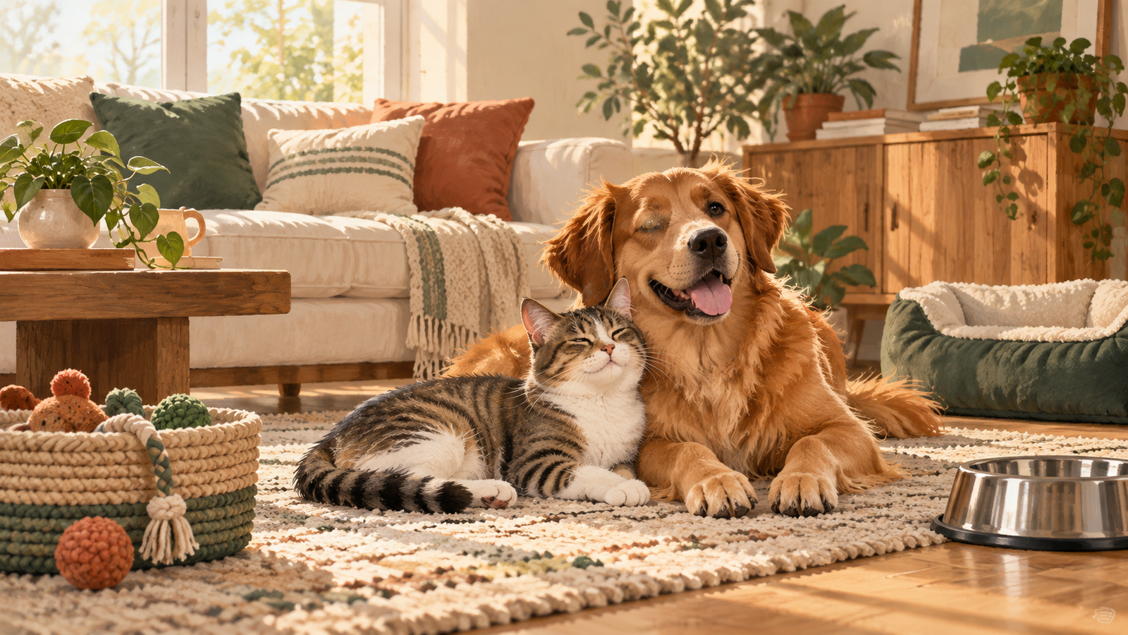 A cat and dog relaxing together in a warm pet-friendly home